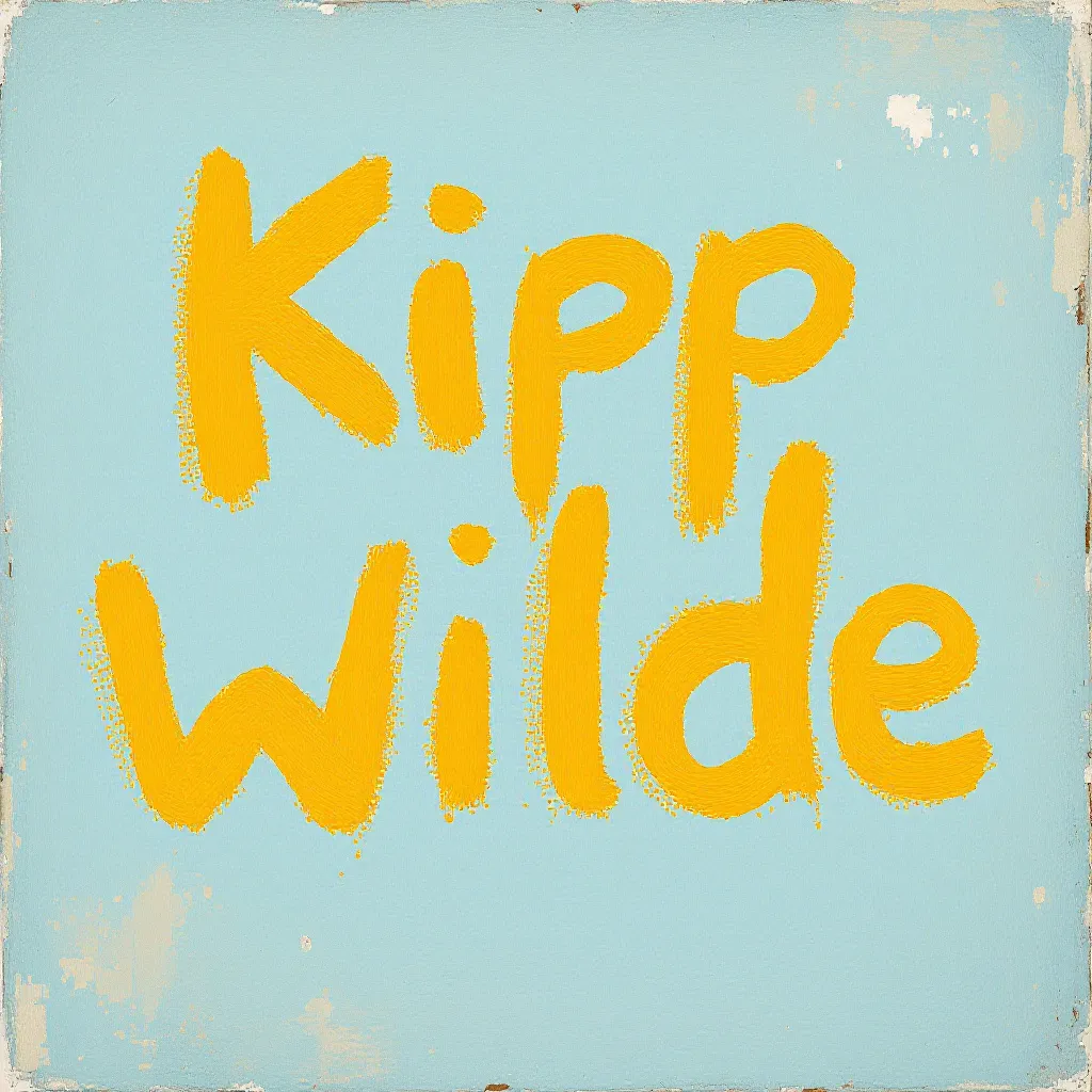 Prompt: The name Kipp Wilde is painted in mustard yellow from a paintbrush against a light blue backdrop. There are other faded colors mixed in.