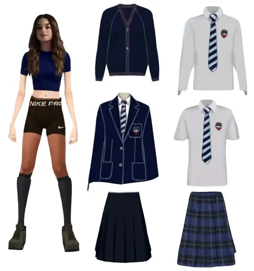 Prompt: Paper doll Cartoon British school girl in black Nike pro bike shorts, grey shirt and school uniform white shirt and plaid skirt