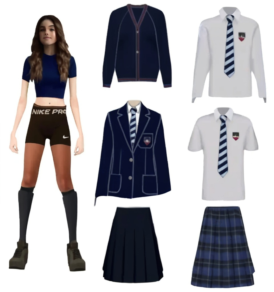 Prompt: Paper doll Cartoon British school girl in black Nike pro bike shorts, grey shirt and school uniform white shirt and plaid skirt