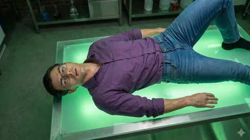 Prompt: Same image, but aerial view looking down on man from an angle. His head is resting on the table.