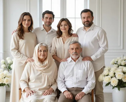 Prompt: A realistic family portrait of five Turkish people in a modern indoor setting with soft natural lighting. The background shows a clean, elegant room with white walls, large windows, and decorated with white roses around the edges. In the front, an elderly couple is sitting side by side. The elderly woman is wearing a cream-colored dress and a square scarf tied under her chin (traditional Turkish style). The elderly man is seated next to her. Behind them are their three adult children: two sons and one daughter, all in their 40s. One son has his hand gently on the father’s shoulder, while the other son places his hand on the mother’s shoulder. The daughter stands between them. All five are facing the camera, smiling softly. Their outfits are coordinated in cream and white tones. The atmosphere is elegant, emotional, and peaceful.
