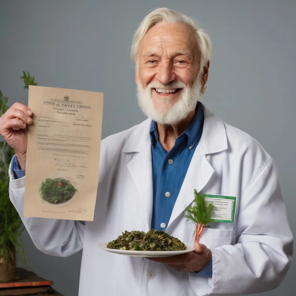 Prompt: old man with wrinkles,  mostly white than brown hair and beard with some missing, lab coat on and blue shirt underneath, smiling, holding up seaweed food platter and certificate of official recipe for schools, realistic, natural lighting