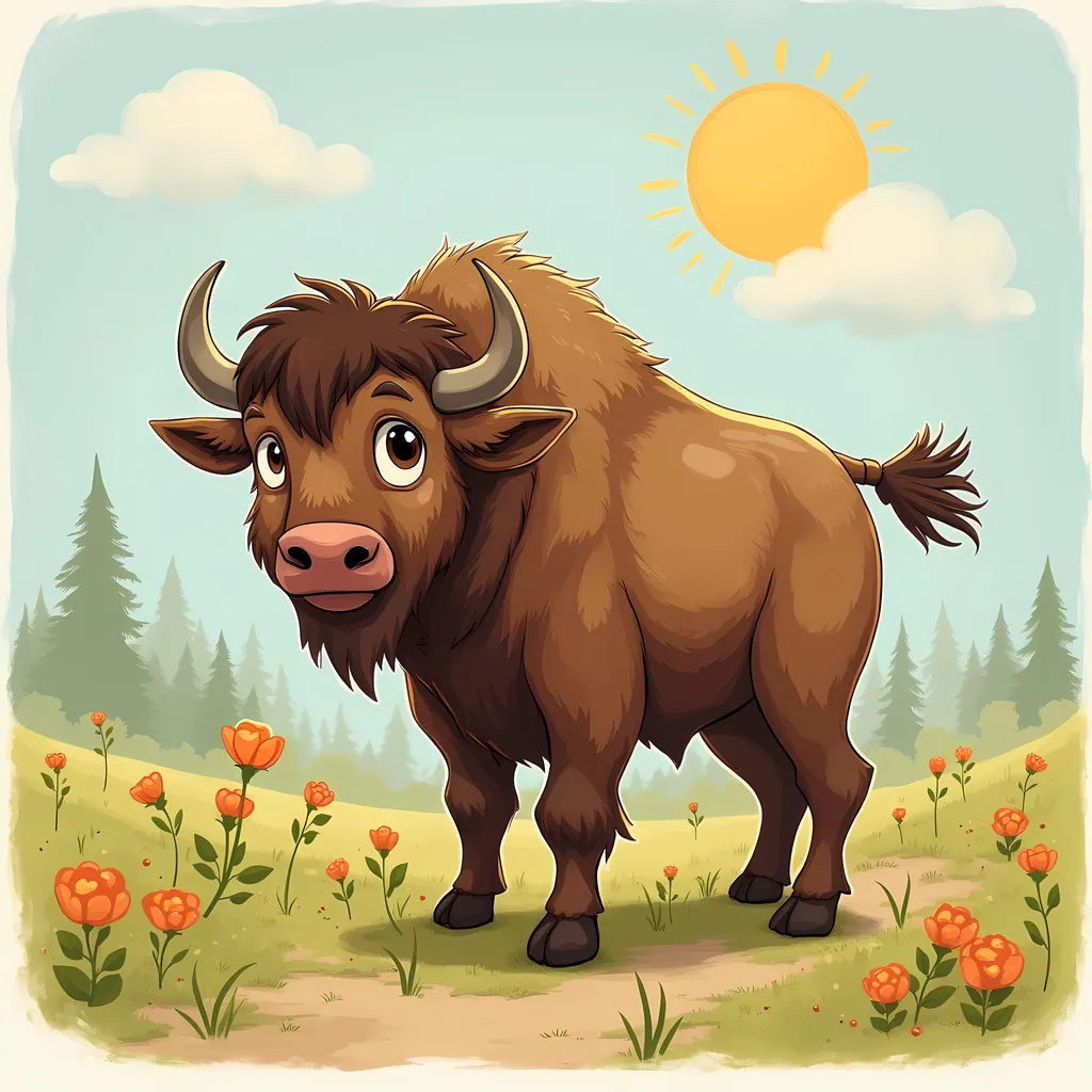 Prompt: Create a Bison. The playful and imaginative daughter. Bonnie often comes up with creative ideas and enjoys helping the animal families build their homes.

