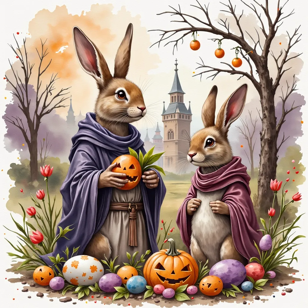 Prompt: Halloween themed Easter scene in a medieval setting with similar artwork to Lineage 1 MMORPG game