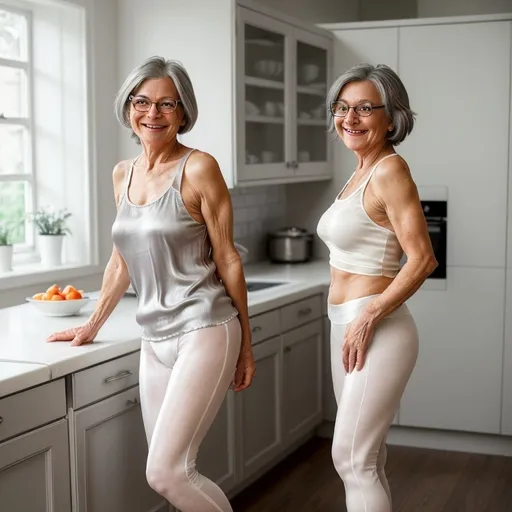 Prompt: A mature older woman, petit stature , grey hair, glasses, smiling, white loose silk tanktop, white sheer legging, standing in kitchen, showing a leg. 