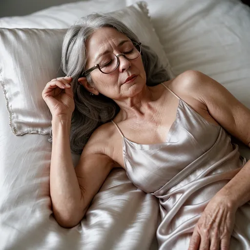 Prompt: Mature older woman, petit stature , grey hair, glasses, eyes closed, white silk slip dress, soft light, laying in bed.
