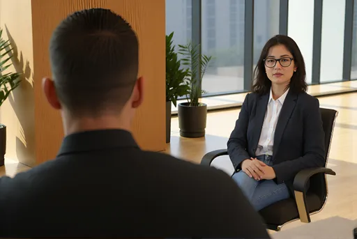 Prompt: @MMxgaYyaAsgAXSGewzLs @6HJExs2Iioot3JDs2t6p are in a sleek modern office with natural wood surfaces. @MMxgaYyaAsgAXSGewzLs is seated in a sleek, ergonomic office chair, her posture straight and attentive. She is listening to @6HJExs2Iioot3JDs2t6p speaking. The modern office around them features clean lines and a minimalist design, with natural wood surfaces that add warmth to the space. Large windows allow soft, diffused sunlight to illuminate the room, casting gentle shadows and highlighting the rich textures of the wood. A few potted plants add a touch of greenery, enhancing the inviting atmosphere. The camera is behind @6HJExs2Iioot3JDs2t6p and shows only his shoulder and back of head. The camera captures @MMxgaYyaAsgAXSGewzLs across from @6HJExs2Iioot3JDs2t6p, at a slight angle, emphasizing her poised demeanor against the sophisticated backdrop.