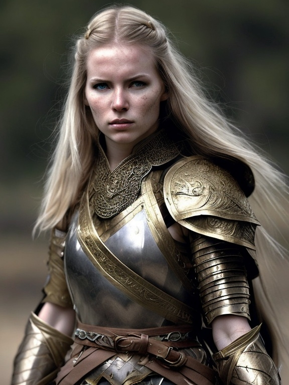 Prompt: A female warrior on battlefield with a neutral face, long brown hairs In combat gear and armor White and gold. In an epic style lord of the ring 