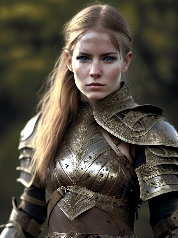 Prompt: A female warrior on battlefield with a neutral face, long brown hairs In combat gear and armor White and gold. In an epic style lord of the ring 