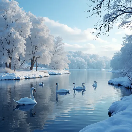 Prompt: Winter scene of a lake, snow and ice glistening trees. Swans swimming on the lake. Blue sky