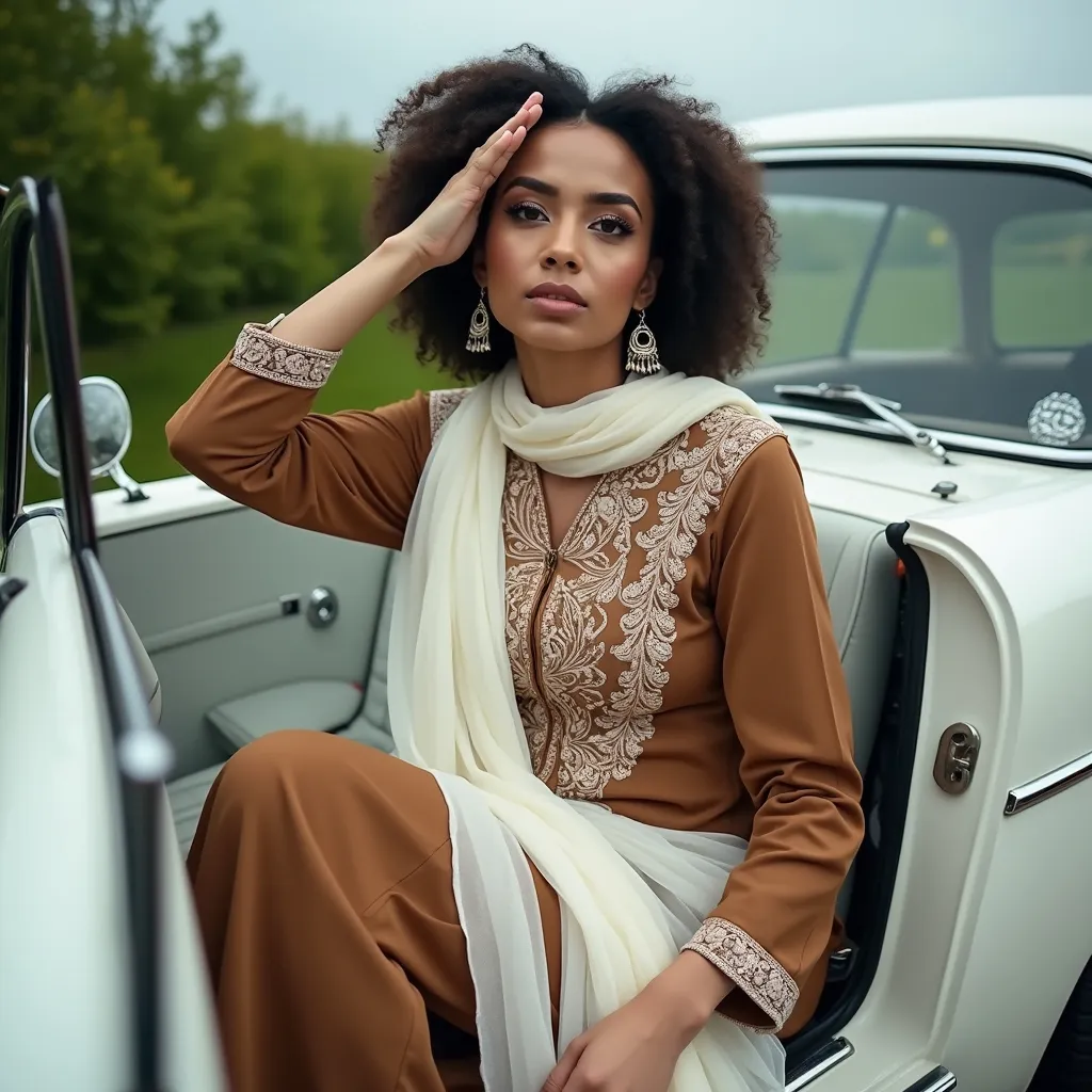 Prompt: A young woman sitting confidently inside a white car, dressed in a striking brown outfit adorned with intricate white detailing and a long, flowing white scarf that frames her face.  her head held high and a hint of determination in her dark eyes, as if acknowledging someone or something significant. The background features lush greenery and a cloudy sky, adding to the scene's calm yet charged atmosphere. The lighting is soft, emphasizing the textures of her attire and the sleek surfaces of the car, creating a harmonious blend of elegance and casual modernity that captures a moment of pride or respect. The overall mood conveys a sense of dignity and purpose, inviting the viewer to ponder the story behind her salute.