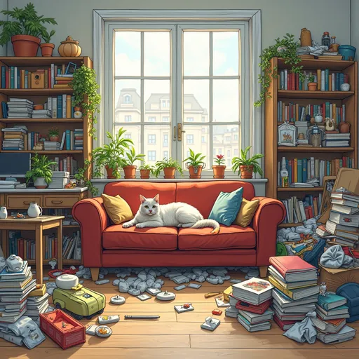 Prompt: This is a very neat image of Clutter. I want to see drastic house clutter where the room is full of clutter, cupboards are overflowing of clothes, table is full of books, floor with toys, sofa with cat and kittens. This image is required in crisp clean lines without colors. Kindly triple the clutter in the pictures. The pictures you are producing is very less on clutter  and can you please produce it in fine clear lines


