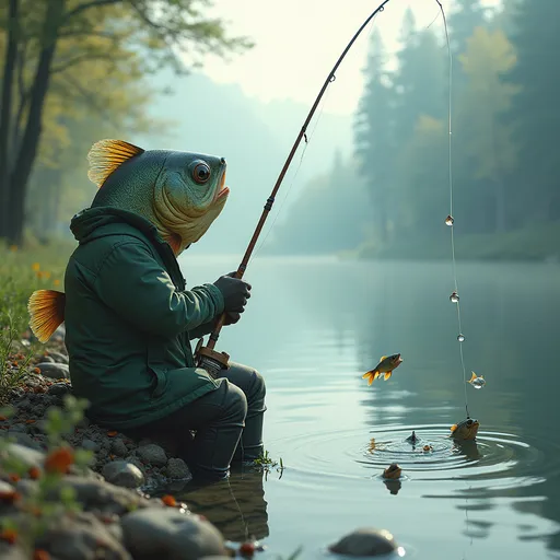 Prompt: A human sized fish is sitting on the waterside holding a fishing rod, fishing for fish sized humans swimming in the river. We can see the fish sized humans in the river falling for the bait 
