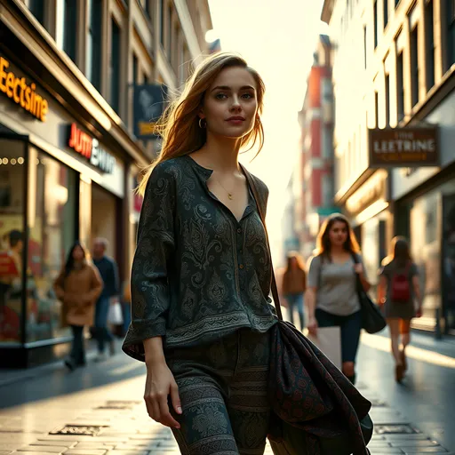 Prompt: A tall young woman strolling down a bustling high street illuminated by soft, natural daylight, her detailed clothing catching the gentle sunlight—casual yet stylish attire with intricate patterns and textures. Her relaxed posture and confident stride evoke a sense of ease and independence. Surrounding her are vibrant shopfronts, lively passersby, and subtle reflections on wet pavement, creating a realistic, lively urban atmosphere. The scene is rendered in cinematic lighting, photorealistic detail, capturing the warmth and vibrancy of everyday city life with a focus on authentic expression and nuanced fashion.
