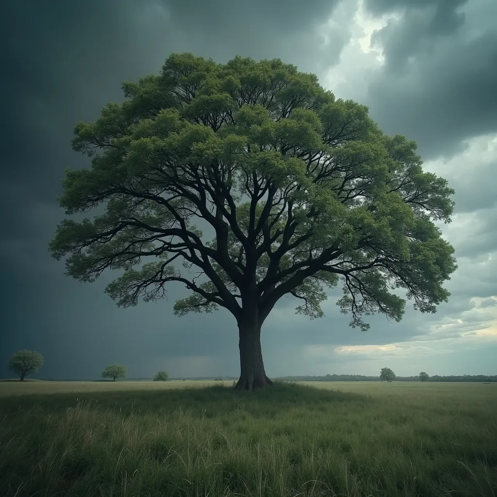 Prompt: STRONG oak-tree resists under the storm..
