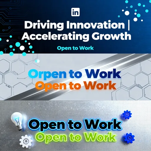 Prompt: Create 3 versions of a professional LinkedIn banner that can be used by someone in product marketing with 'technology' or 'innovation' texture accents.  I would like the copy to read: 'Driving Innovation | Accelerating Growth' with supporting creative.  I am open to work and seeking my next job opportunity. This needs to be professional and eye-catching. 
