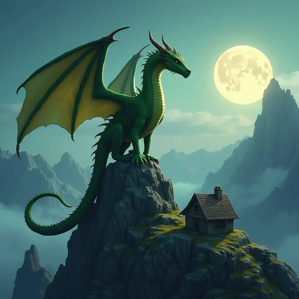 Prompt: majestic green dragon perched high on a rocky peak. Her scales shimmer under the moonlight. Her wings are stretched wide, casting a shadow over a nearby house far below. The mountain range looks wild and remote.

