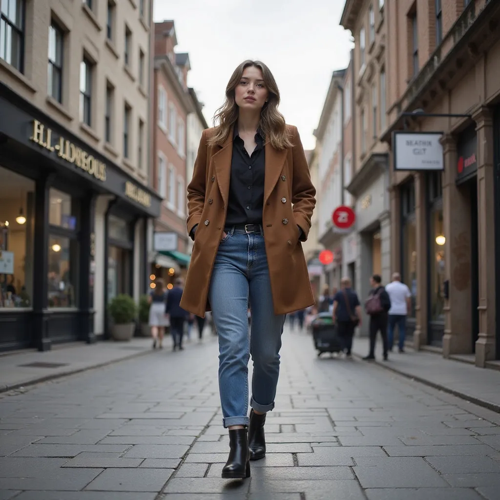 Prompt: Tall young woman walking down the high street, detailed clothing, realistic, natural lighting