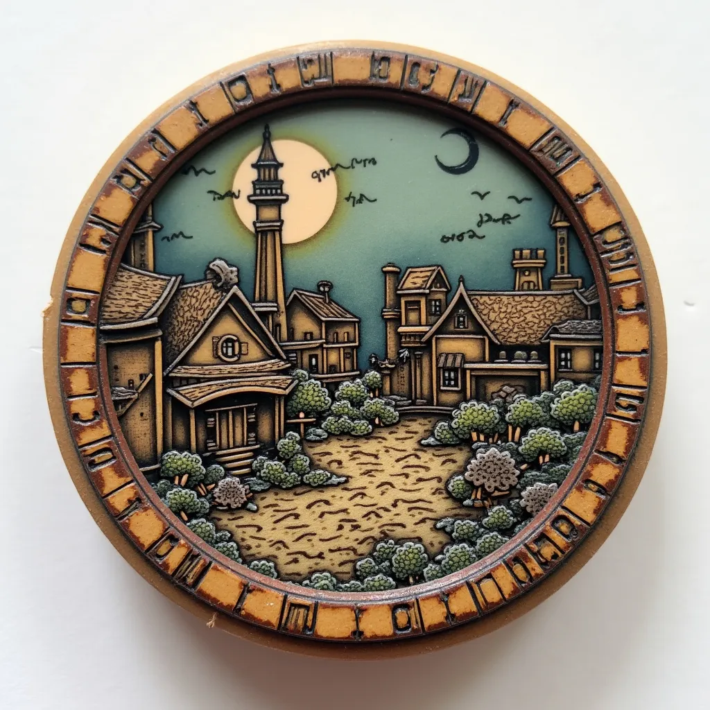 Prompt: Round rubber stamp for Diorama-Creations “creating worlds in miniature” with a steampunk theme