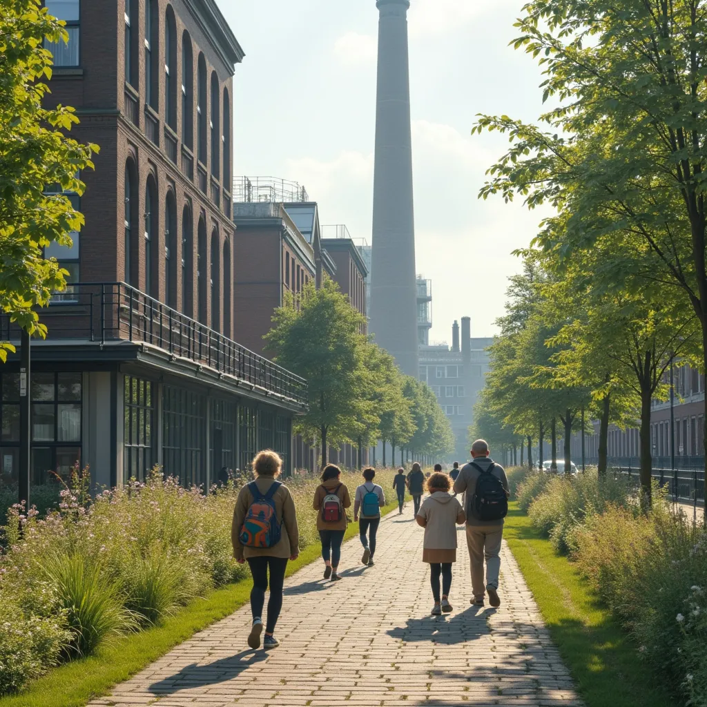 Prompt: Een fabriek waar schoolkinderen lopen  en ouderen met wat natuur. Laat het lijken op de stad Rotterdam