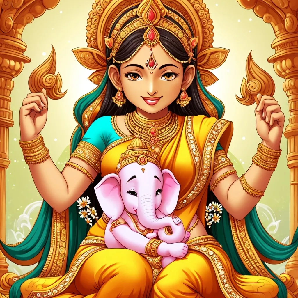 Prompt: generate Cartoon goddess parvathi  smiling face and lord ganesh sitting on goddess parvathi lap