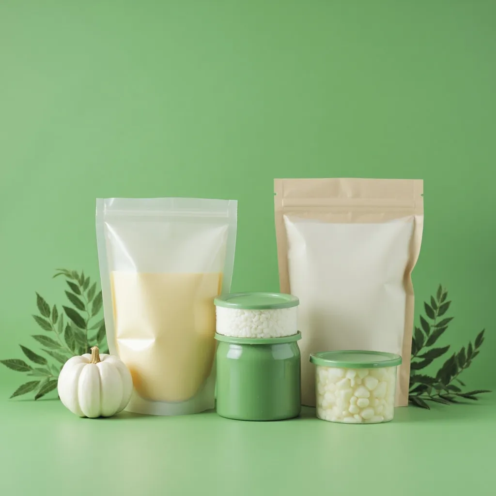Prompt: sustainable plastic packaging items on a green background