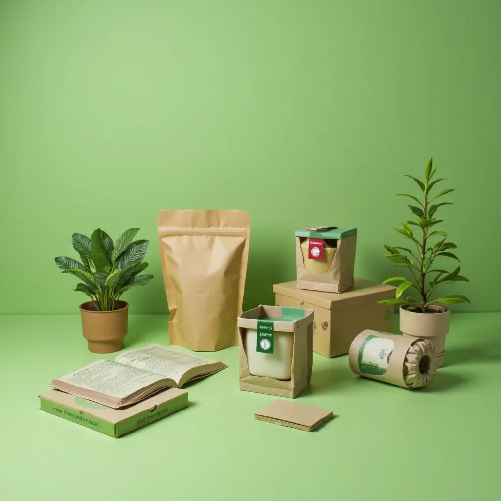 Prompt: sustainable packaging items on a green background