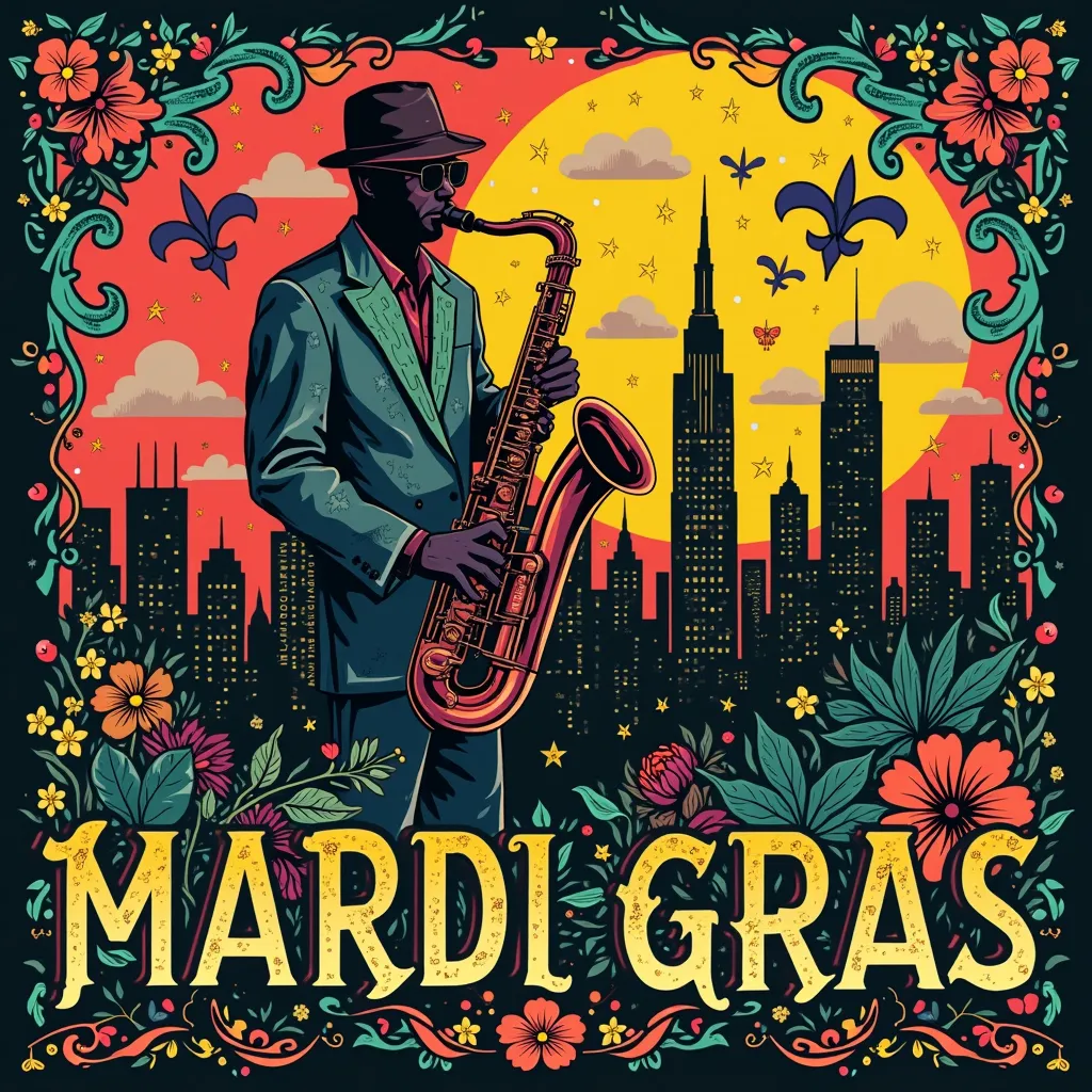 Prompt: create a graphic embodying jazz, mardi gras and new york city elements