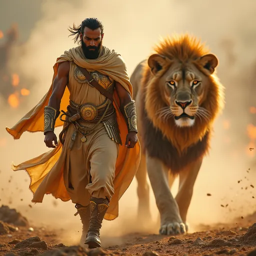 Prompt: A formidable warrior, draped in flowing desert robes and adorned with golden armor, strides forward with fierce determination. His scarf billows in the wind as embers swirl around him. Behind him, a massive lion with a golden mane walks in perfect sync, its glowing eyes radiating primal power. The battlefield is covered in dust and flickering flames, the air thick with heat and tension. As the warrior moves, his presence is unshakable, and the lion’s heavy steps echo like a force of nature, a symbol of strength and destiny.