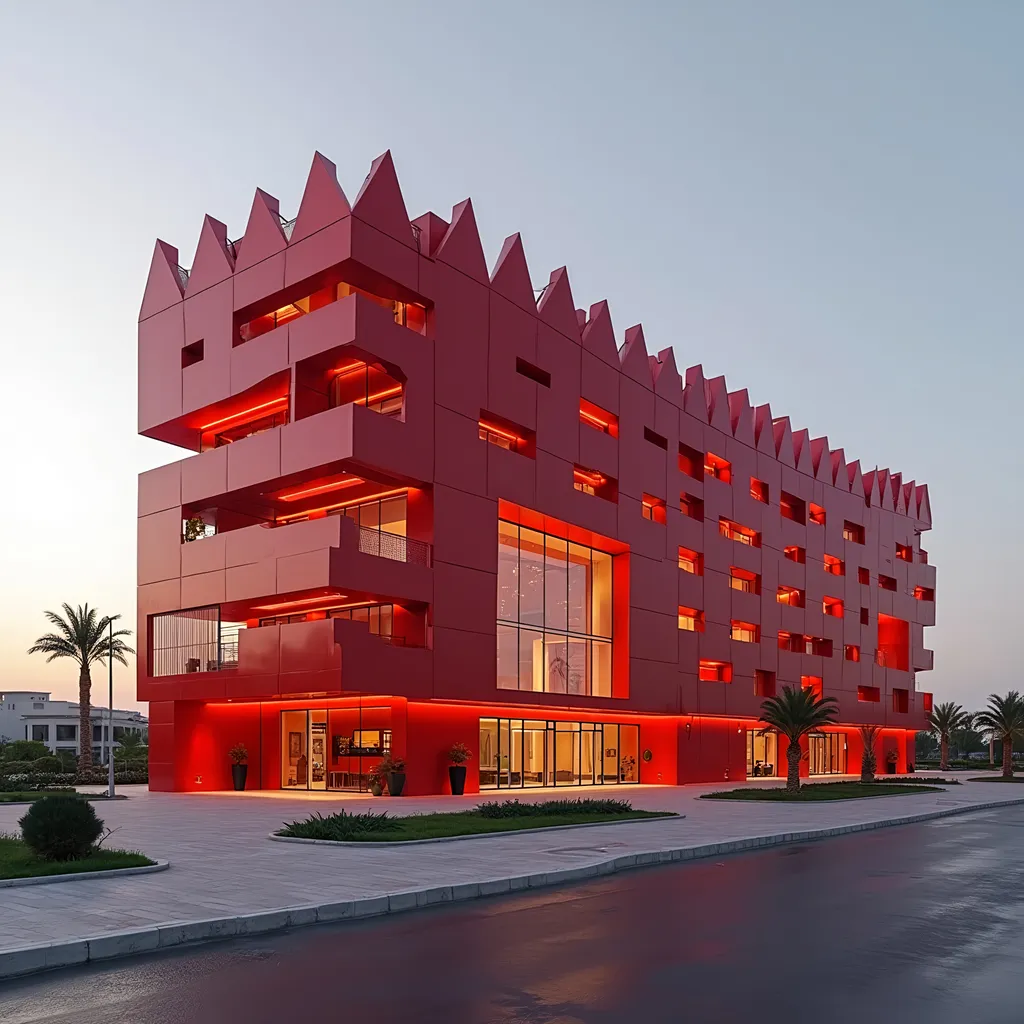 Prompt: Ultra modern hotel building for Al Ahly sports Club, building design incorporated the colour red, the look and feel of a castle, and an iconic look