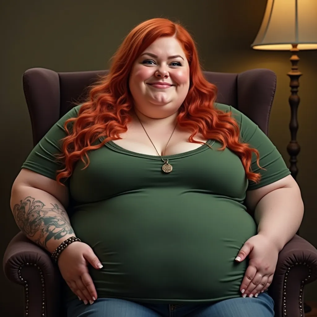 Prompt: Big belly SSBBW, ginger hair, pretty face, sitting in chair 