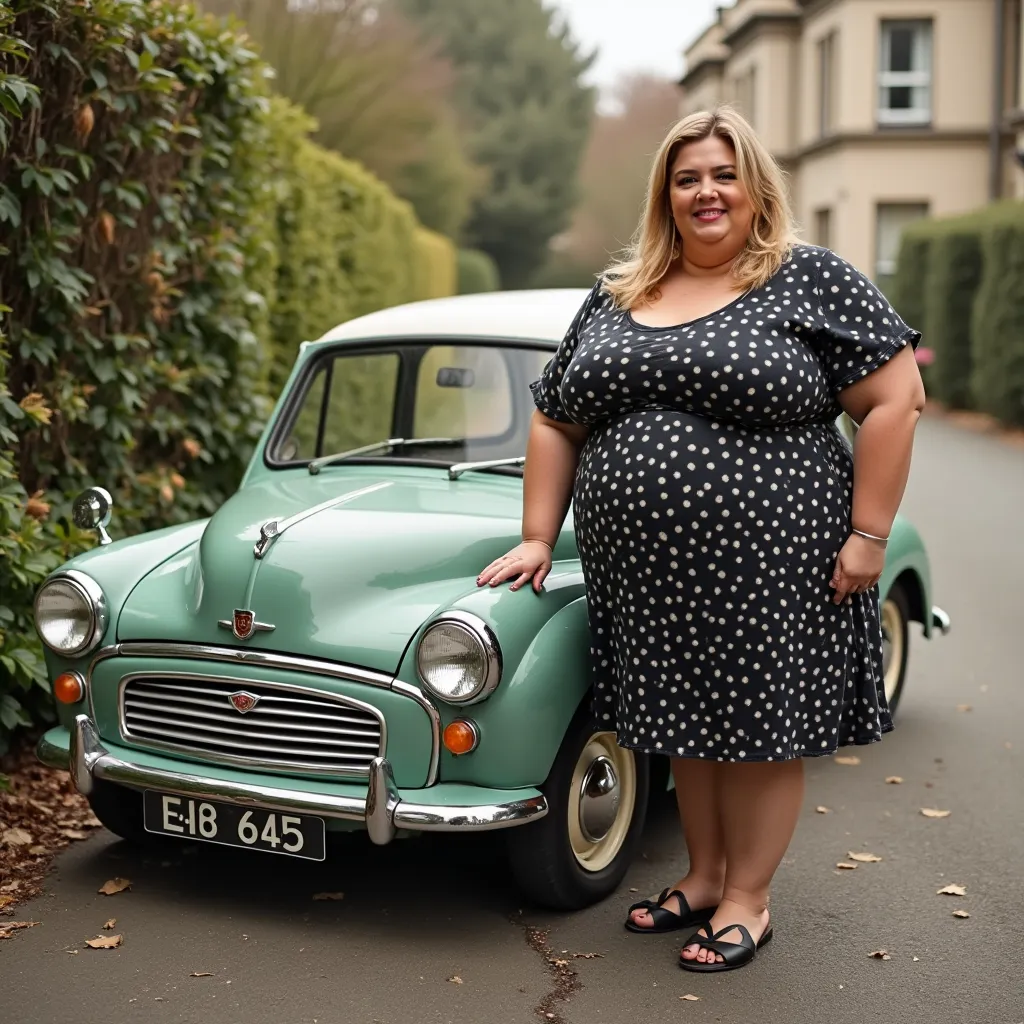 Prompt: Pretty SSBBW standing next to Morris Minor 