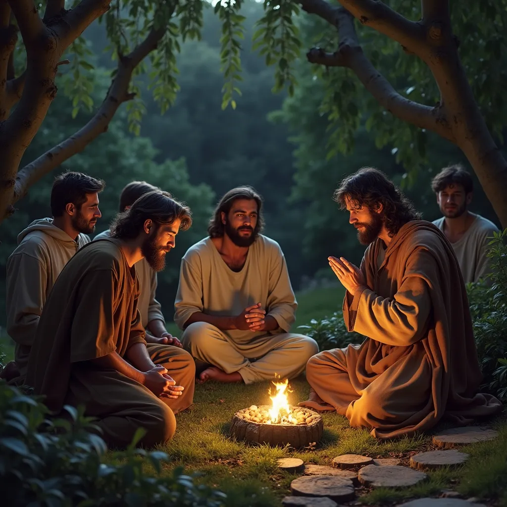 Prompt: One night, Jesus was praying in the garden with His disciples