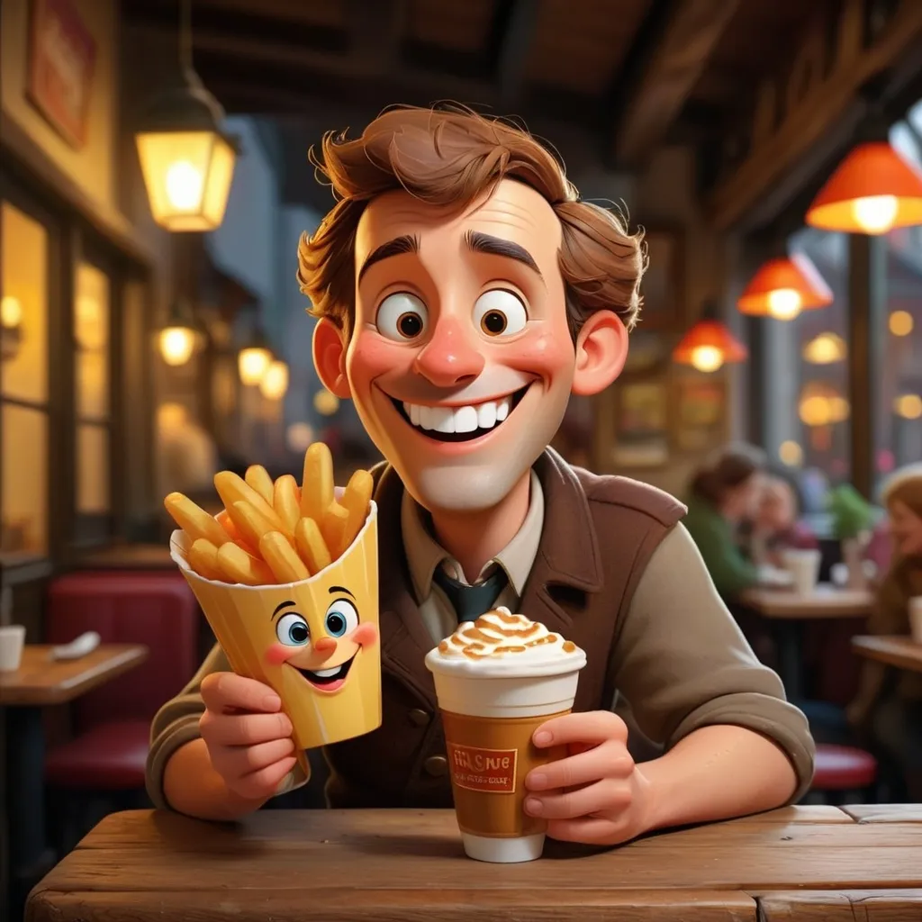 Prompt: Een cartoonachtige tekening van België, voorgesteld als een vrolijk personage met frieten in de hand, zittend in een gezellig Belgisch café