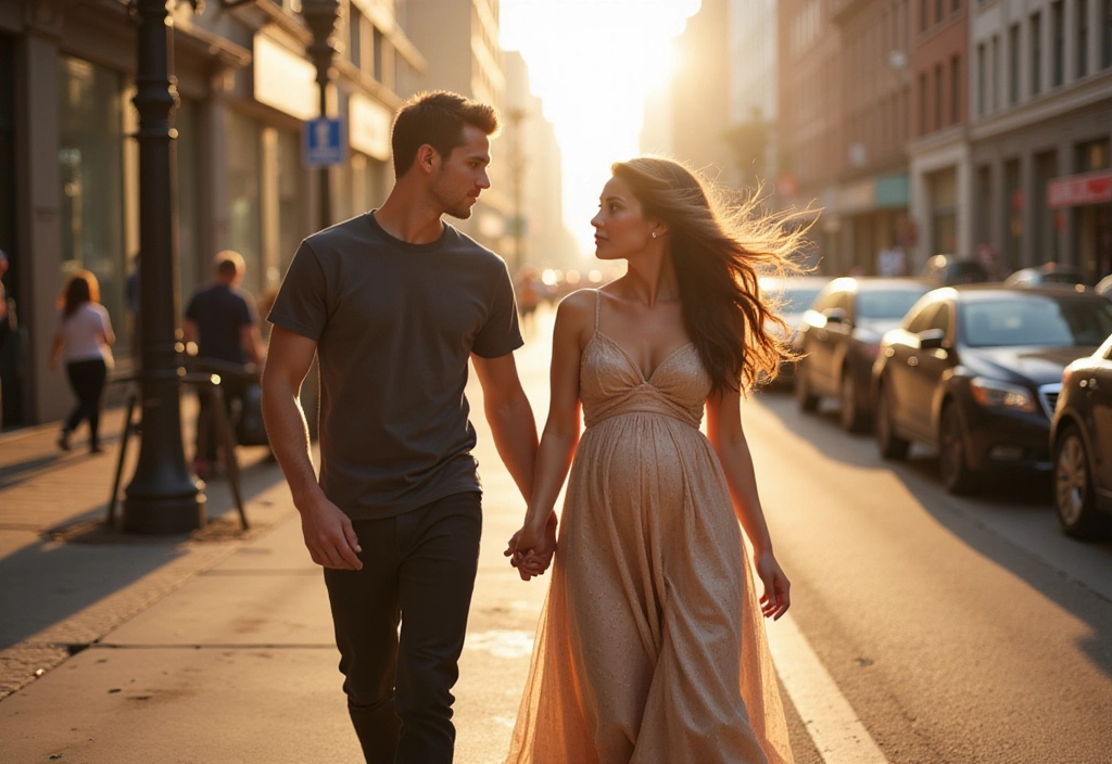 Prompt: Tall young woman very pretty with brown  hair and blue eyes taylor swifts daughter pregnant taller than her boyfriend walking down the street holding hands with her model boyfriend realistic