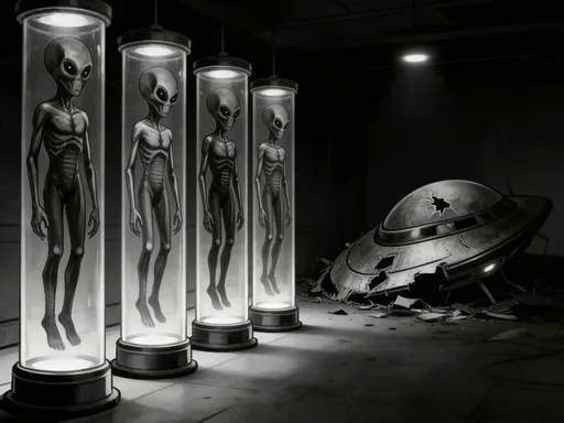 Prompt: B&W art depicting four dead aliens floating in upright clear canisters in darkened room alongside damaged crashed UFO