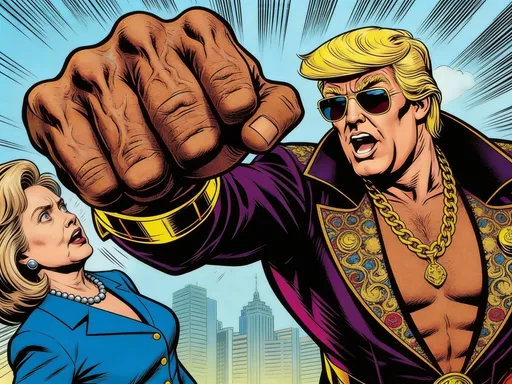 Prompt: Jack Kirby style comic book art depicting President Donald Trump as a 1970s pimp superhero raising a giant veiny fist against Hillary Clinton
