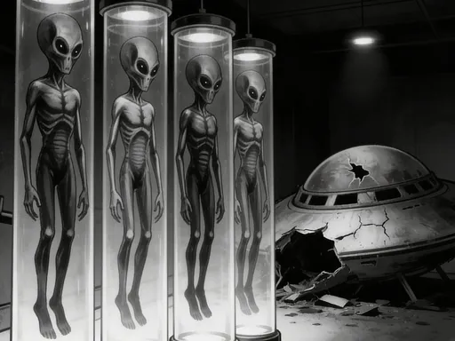 Prompt: B&W art depicting four dead aliens floating in upright clear canisters in darkened room alongside damaged crashed UFO