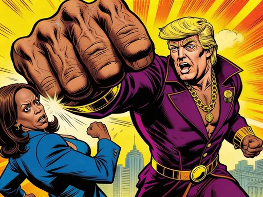 Prompt: Jack Kirby style comic book art depicting President Donald Trump as a 1970s pimp superhero raising a giant veiny fist against Kamala Harris