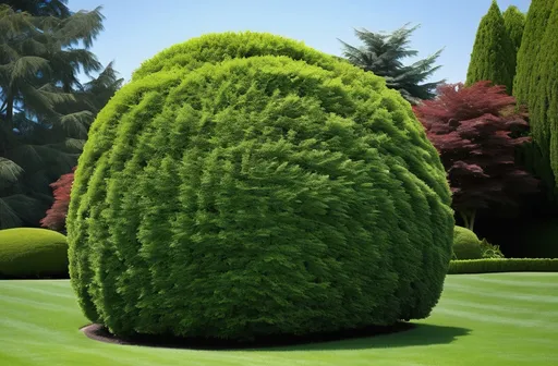 Prompt: A lush, rounded shrub dominates the scene, its vibrant green foliage creating a striking contrast against the clear blue sky. The bush appears healthy and well-maintained, with a dense canopy that showcases a variety of leaves, some transitioning to a lighter shade near the top. This lush greenery sits upon a manicured lawn, where the smooth grass extends into the distance, framed by taller trees that punctuate the background, adding depth and texture to the landscape. The bright daylight enhances the rich colors, evoking a sense of tranquility and natural beauty in this serene outdoor setting.