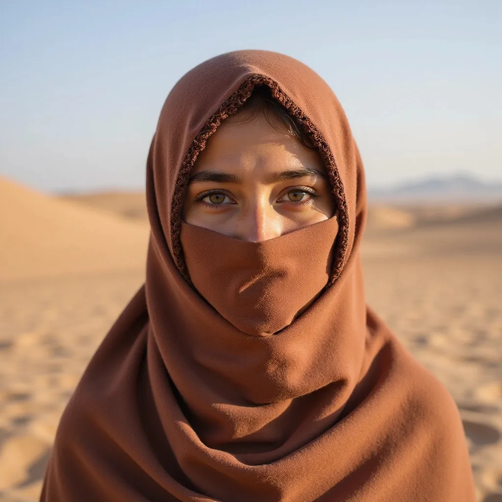 Prompt: a girl wearing veil in the desert