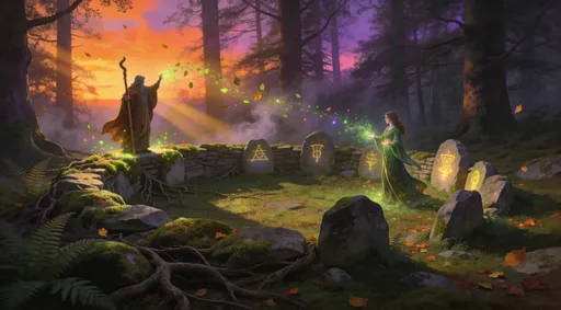 Prompt: A panoramic, widescreen fantasy scene of an ancient stone circle half-buried in moss and encroaching roots, deep in a dense English forest. On the left, a solitary druid stands at the circle’s edge, earthy robes flowing, wooden staff raised, summoning subtle green-and-gold nature magic that causes moss and leaves to glow softly. On the right, a young sorceress in flowing forest-green robes stands gracefully among the stones, arcane energy radiating from her hands. The stones themselves shimmer faintly with runes responding to their presence.

The forest is alive and untamed, with ferns, twisted roots, moss-covered rocks, and scattered autumn leaves. A vividly colored sunset bathes the scene in fiery oranges, deep purples, and soft pinks, casting long shadows and warm highlights that blend with the magic’s glow. Mist curls between tree trunks, shafts of light illuminating magical particles drifting through the air.

Painterly cinematic realism, balanced widescreen composition, textured surfaces, soft depth of field, earthy and sunset tones with ethereal highlights, immersive, dramatic, and timeless. Atmospheric masterpiece-quality illustration, high detail, storytelling depth, magical tension.