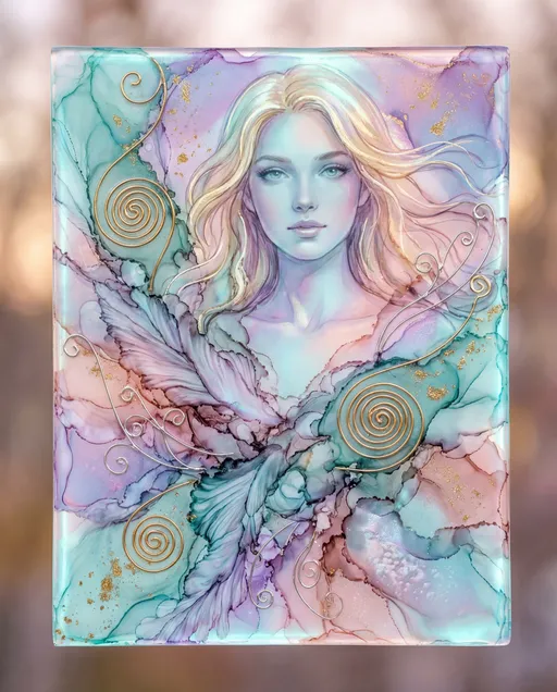 Prompt: Alcohol-ink glass artwork featuring a radiant blonde-haired 19-year-old woman, her form emerging from flowing bioluminescent pastel inks. Translucent waves of color swirl around her face and shoulders — soft teals, violets, blush pinks, and pearlescent blues — blending seamlessly like liquid light. The alcohol-ink textures create organic marbling, feathered edges, and fluid motion. macro-detail focus on ink textures.

Spiral metallic gold detailing weaves through the composition, accented with delicate gold and silver filigree that appears suspended within the glass. Fine flecks of gold dust and sparkling light drift through the scene, catching highlights and adding depth. Subtle 3D depth gives the impression of layered glass and ink suspended in motion.

The woman’s expression is mysterious and serene, her features softly defined and ethereal, intertwined with the flowing ink patterns as if part of the artwork itself. Fantasy-dreamlike atmosphere, elegant and luminous, with intricate entangled details and graceful movement.

Highly detailed, beautiful, ethereal, premium alcohol-ink aesthetic, luminous glass textures, soft glow, refined color harmony, cinematic lighting, masterpiece quality.