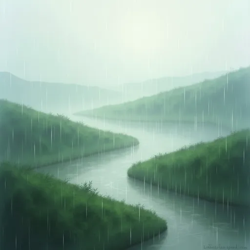 Prompt: Genera un paisaje brumoso con colinas onduladas y lluvia ligera al estilo impresionismo

