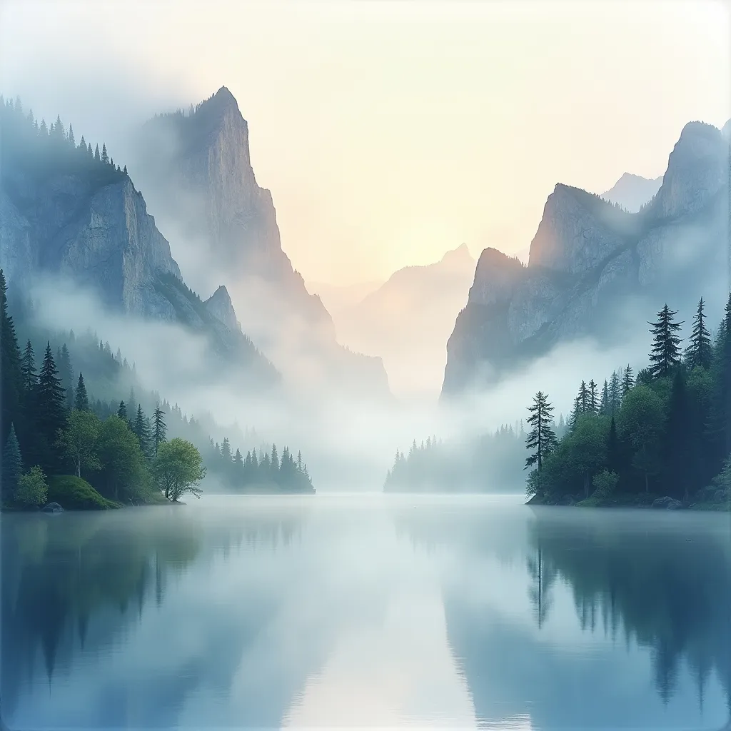 Prompt: Genera una imagen de un lago de montana brumoso al amanecer,  usando estilo acuarela, con 40 pasos y escala CFG 15 .

