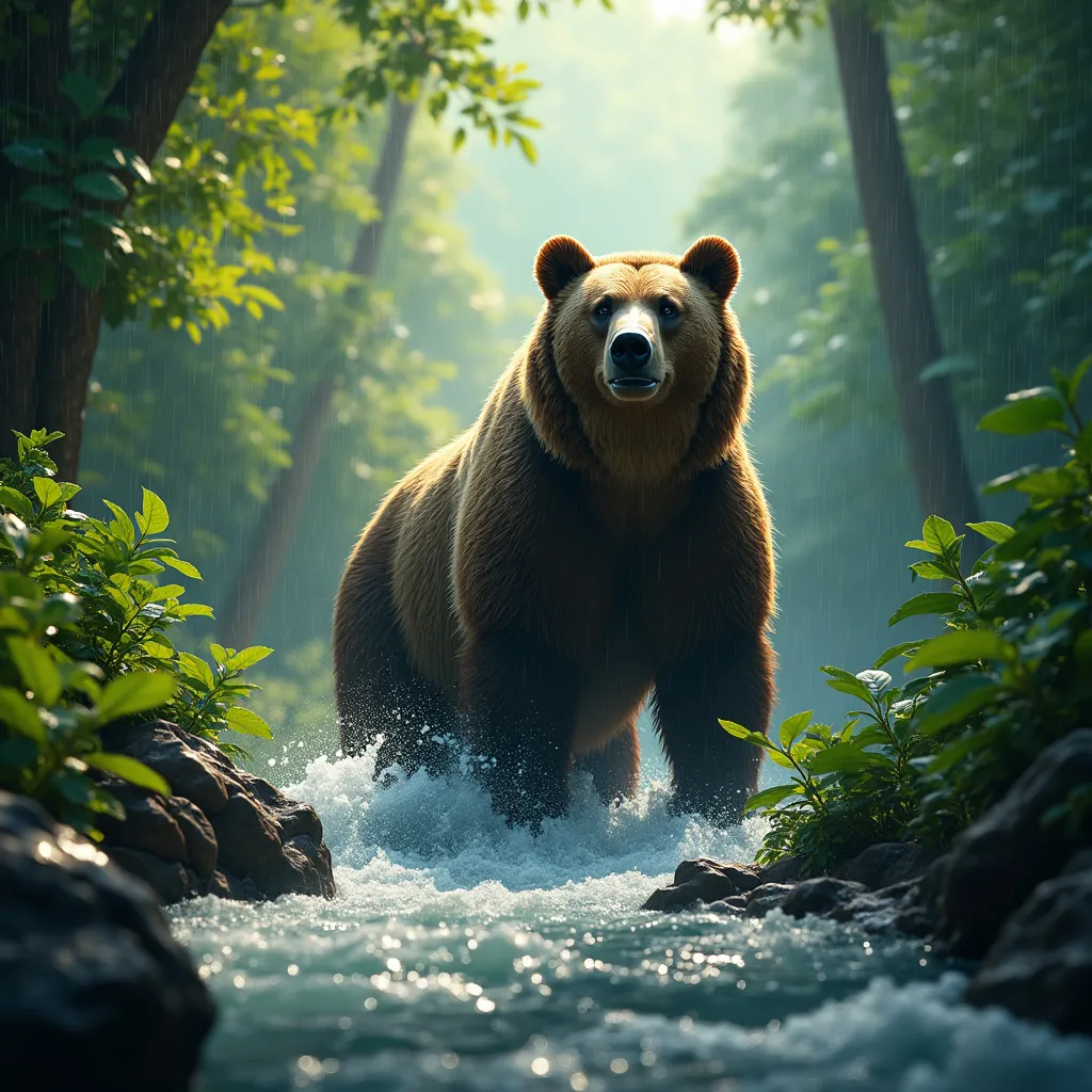 Prompt: Genera la imagen de un oso en el bosque lluvioso,  cerca del rio, con una escala CFG de 12
