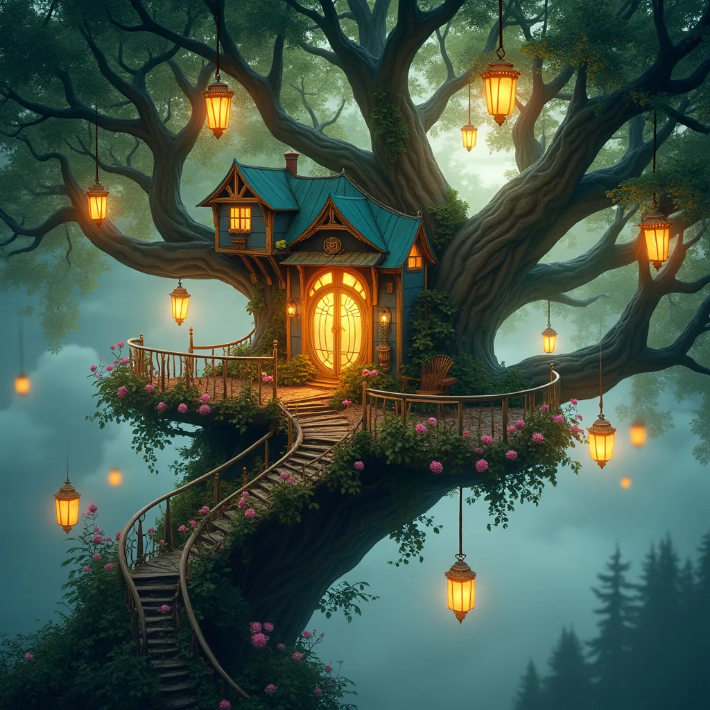 Prompt: Crea una casa de arbol fantastica con farolillos brillantes en estilo art Nouveau, usando 60 pasos CFG escala 10, y muestreador tipo Euler a.

