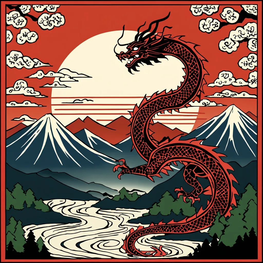 Prompt: Imagine takayama in a symbolic way, with mountains, trees, the rising sun and a mythical dragon. 