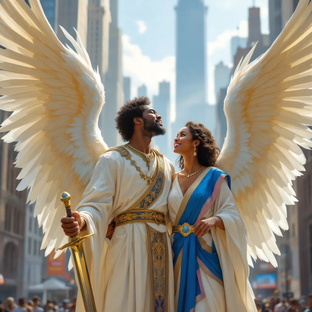 Prompt: Tall black angel man, Tall black angel women, both age 25, with wings that are golden blue, looks down with a gentle smile on his face, on a busy city street in New York from the heavens, man wearing a white rob with a blue and gold sash around his waist, woman wearing white rob with blue and pink sash realistic, natural lighting, a ray of light coming out of his hand and a sword, they look over a busy city. 