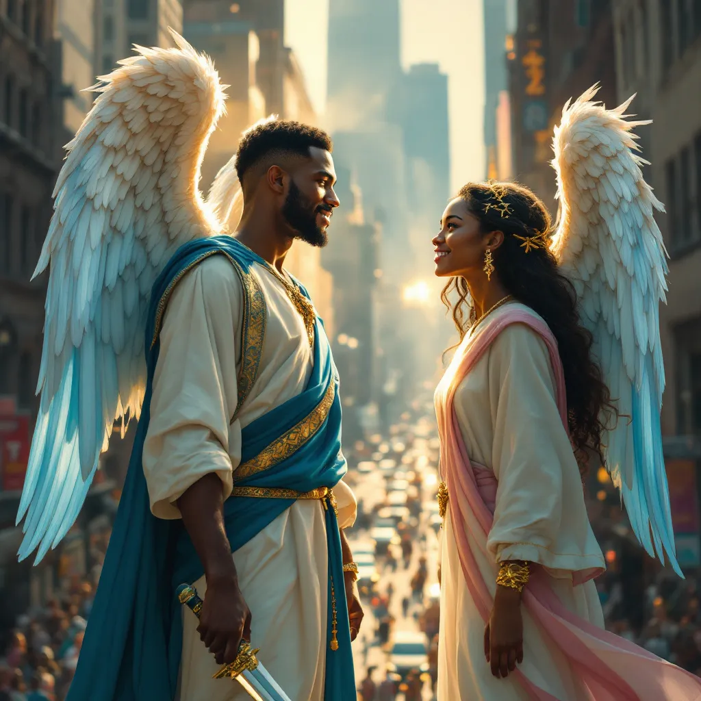Prompt: Tall black angel man, Tall black angel women, both age 25, with wings that are golden blue, looks down with a gentle smile on his face, on a busy city street in New York from the heavens, man wearing a white rob with a blue and gold sash around his waist, woman wearing white rob with blue and pink sash realistic, natural lighting, a ray of light coming out of his hand and a sword, they look over a busy city. 